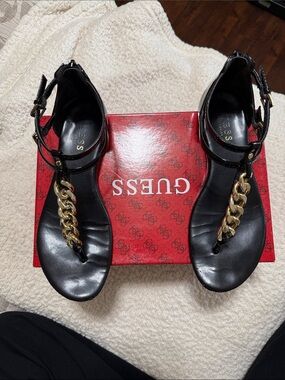 Guess Black T-Strap Sandals with Gold Chain Detail